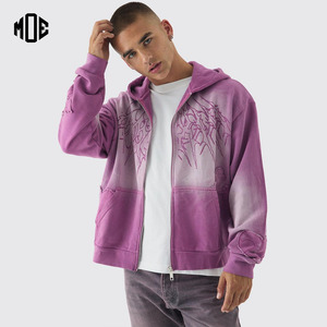 Rose surdimensionné Logo personnalisé lavage à l'acide sweats à capuche hommes Vintage goutte épaule soleil fondu fermeture éclair en détresse broderie 100% coton - Product Image 1