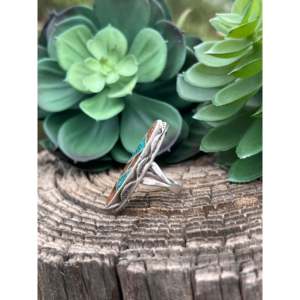 Vintage Navajo Turquoise Coral <b>Statement</b> <b>Ring</b> Geometric Sterling <b>Silver</b> <b>Ring</b> Vermeil Rhodium Plating Size 6.5 for Everyday Wear - Product Image 4