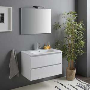 Mueble de Baño Suspendido en Pared Blanco Brillante de 80 cm con 2 Cajones, Espejo y Lámpara Baltimora, Juego de Baño - Product Image 1