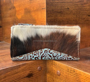 ใหม่จริง Cowhide ขนสัตว์หนังแกะสลักผู้หญิงกระเป๋าสตางค์สไตล์เคสโทรศัพท์ร้อนขายตะวันตก Turquoise ลายนูนหนังคลัทช์ - Product Image 5