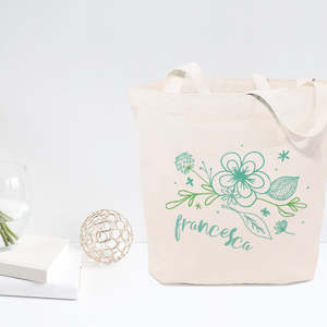 Personalized Aqua Floral Cotton Canvas Tote Bag Embroidery Zipper Closure Fashionable for All Summer Autumn Winter Spring - Product Image 2