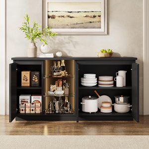 Mobile TV Moderno Nero Opaco con LED, Centro Intrattenimento Multifunzione, Credenza Buffet con Ripiani in Vetro - Product Image 4