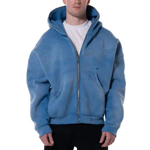 Fabricants OEM ODM, sweat à capuche surdimensionné à fermeture éclair, sweat à capuche délavé de haute qualité, bleu pour homme, 450 GSM, sweat à capuche à fermeture éclair - Product Image 5