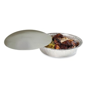 Boardwalk 48 Oz. 9 pulgadas. X 1.66 pulgadas Contenedores Redondos Desechables de Aluminio para Llevar con Tapa de Papel de Aluminio Plateado - 200 Unidades/Caja - Product Image 3