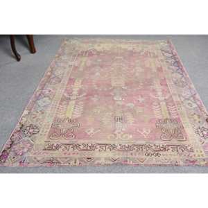 Alfombra de lana turca Vintage de 4x5,9 pies, color rosa y beige, área grande clásica, rectángulo, retales abstractos para habitación de adolescentes, pasillo, látex - Product Image 3