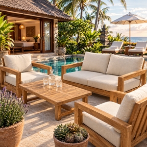 <b>Outdoor</b> Teak Tropical Villa Garden <b>Sofa</b> Set <b>Cushioned</b> Patio Couch Armchairs Coffee Table Poolside Seating - Product Image 3