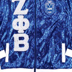 Veste à paillettes ZPB |   100% polyester, logos brodés Zeta Phi Beta, manches à paillettes, bouton unique, poignets côtelés, personnalisable - Product Image 5