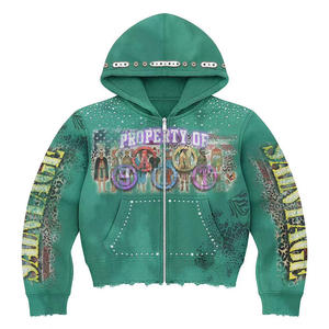 Sweat à capuche court en molleton ample personnalisé 100% coton, fermeture éclair, délavage acide, décoloration au soleil, strass, effet délavé, pour l'hiver - Product Image 1