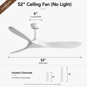 52 Inch Scandinavian Ceiling <b>Fan</b> No Light <b>with</b> <b>Remote</b> Control 3 Solid Wood Blades for Living Room Bedroom - Product Image 5