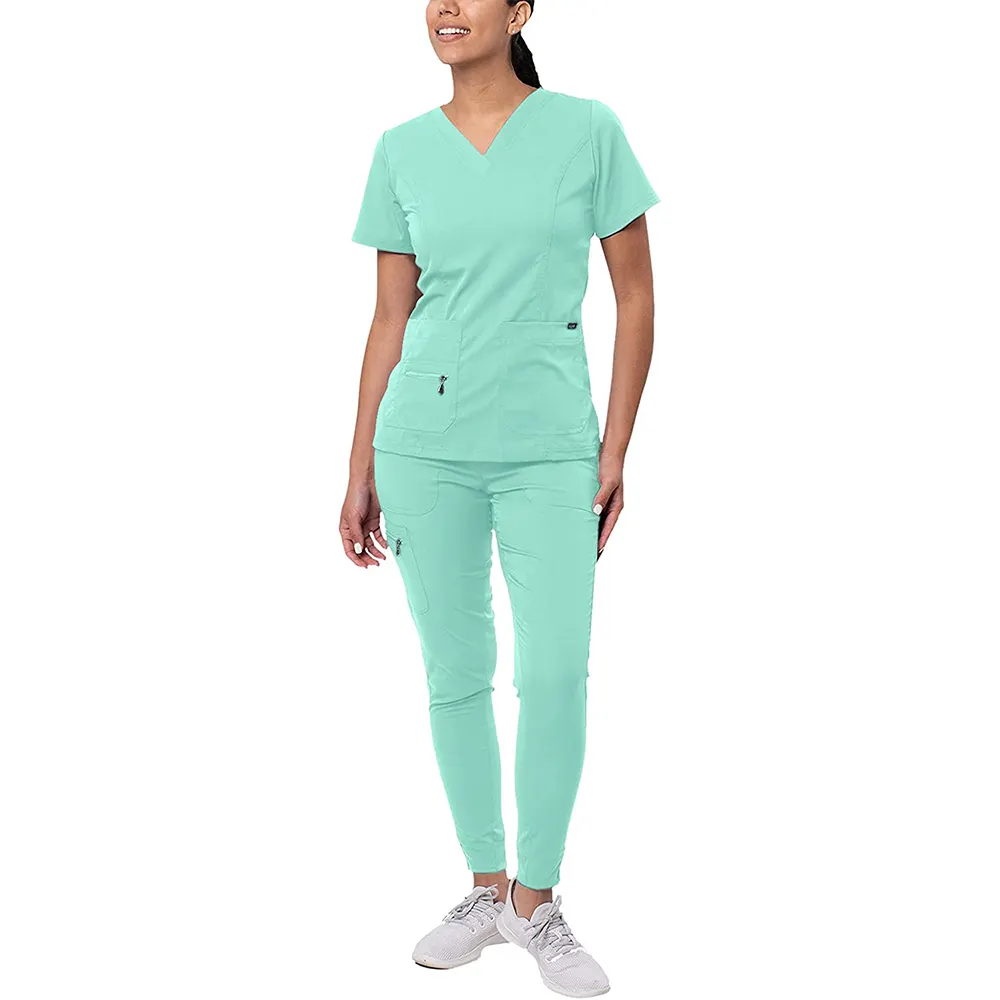 थोक सफ़ाई सूट उच्च गुणवत्ता नर्स वर्दी चिकित्सा साफ़ स्पैन्डेक्स खिंचाव Uniformes शीर्ष और पैंट Scrubs सेट