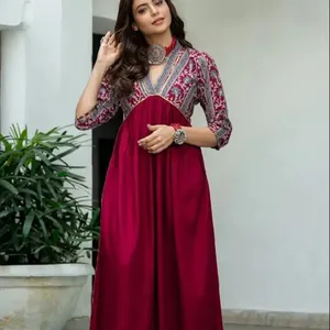 Hint el yapımı kadın viskon Rayon Maroon & gri baskılı A-Line kurti elbise toptan fiyat