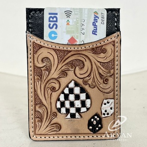 2025 Western Hand Tooled cuero de vaca a cuadros Pala y patrón de dados tarjetero nuevo lujo RFID bloque Delgado tarjetero para Unisex - Product Image 1