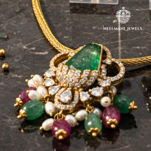 Classic Gold Plated Fine Jewelry Set <b>Ruby</b> Green Stone Pendant Earrings for Wedding Party Gift Engagement Diamond Pearl Accents - Product Image 3