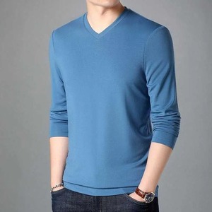 Camisas lisas de gran tamaño para hombre, novedad de 2023, Camiseta con cuello en V, camisetas de seda de manga larga, ropa informal sólida, camisetas básicas de Jersey - Product Image 1
