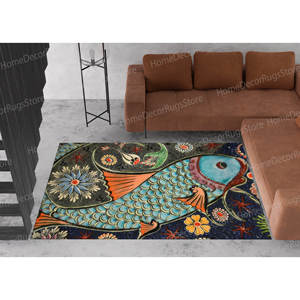 Alfombra de Lana con Diseño de Peces en Mosaico, Alfombra con Estampado de Peces Cerámicos, con Respaldo de Látex, Alfombra de Chenilla Tradicional Ecológica - Product Image 4