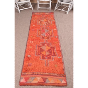 Turkish Rug, 2.7x9.5 ft Vintage Rug, <b>Red</b> Orange Animal Print <b>Wool</b> Rug - Product Image 1
