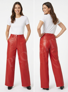 Oversized Flare Leather Trousers Women High Waist Straight Leg Concealed Fly <b>Belt</b> Custom Pocket Embroidery Logo Leather Pants - Product Image 3