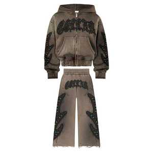 Survêtements pour hommes, amples, surdimensionnés, délavés, avec strass, vêtements de sport vintage, fermeture éclair, ensemble personnalisé - Product Image 2