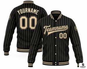SINEWY <b>SPORTS</b> Men's <b>Black</b> Pinstripe Varsity <b>Jacket</b> Custom Name Number Breathable Sporty Stand Collar Winter Wear Embroidery 100% - Product Image 1