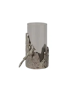 Portavelas cilíndrico de aluminio plateado elegante con soporte de metal votivo único de vidrio para ocasiones navideñas - Product Image 6