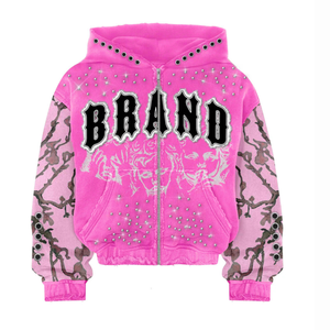 Your Branding Rhinestone & Crystal Work Graphic Hoodies Custom Color <b>Zip</b>-up Sweatshirt Hip Hop Style Streetwear <b>Cropped</b> <b>Hoodie</b> - Product Image 1