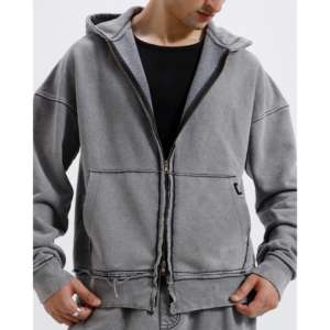 Sudadera con capucha extragrande de felpa francesa 100% algodón, lavada y deshilachada, con cremallera de cuarto, estilo liso con estampado, técnica de lavado enzimático. - Product Image 3