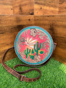 Nouveau Western main usiné en cuir cantine sac à main élégant Cowgirl et Cactus rond sacs à bandoulière sacs en cuir véritable pour femmes - Product Image 4