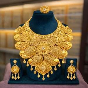 Luxury Gold Finish <b>Bridal</b> <b>Necklace</b> <b>Set</b> with Floral Motif Pendant & Long Fringe <b>Earring</b> Premium Handcrafted Wedding Model 63022 - Product Image 6