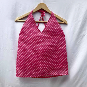 Top Corto Rosa Lehariya con Cuello Halter sin Mangas, Tejido de Punto Kota Doria con Aberturas, Top Informal para Mujer, Regalo para Mujer - Product Image 1