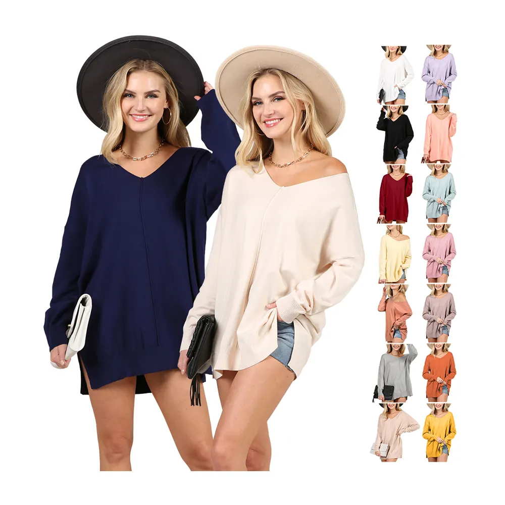 Women's Long Sleeve Decollete Neckline Loose Fitting Knit Sweater Slit Side Botom Band