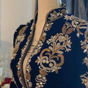DESIGNER <b>JACKET</b> ON <b>NAVY</b> BLUE VELVET FABRIC WITH HEAVY EMBELLISH OF CRYSTAL BEADS,GLASS STONE, DABKA WORK @ 2022 - Product Image 1