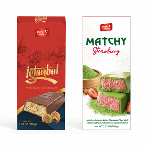Assortiment de chocolats turcs sains de qualité supérieure ISTANBUL, bonbons et biscuits aux saveurs de noisette et de matcha fraise - Product Image 1