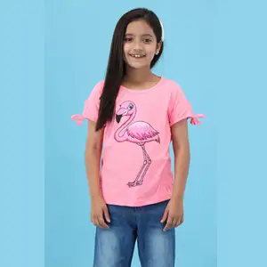 Aangepaste Grafische 100% Gebreide Puur Gekamd Katoenen Stof Normale Lengte Cap Mouwen Neon Roze T-Shirt Voor Meisjes