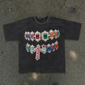 Ropa de Verano con Logotipo Personalizado, Tejido de Punto Grueso de 200g, Informal, Transpirable, Oversize, con Pedrería, 100% Algodón, Estilo Urbano, Lavado Ácido - Product Image 1