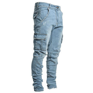 Rue élastique Jeans hommes Denim Cargo pantalon lavage couleur unie Multi poches décontracté taille moyenne pantalon Slim Fit usage quotidien Joggers - Product Image 2