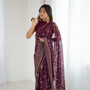 Vêtements ethniques indiens Heavy Premium Soft Georgette Fabric Purple Saree Stylish Indian Designer Fancy Exclusive Party Wedding Wear - Product Image 1