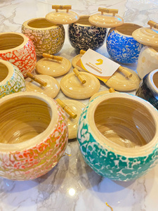 Pot en bambou écologique avec incrustation de nacre, poignée gravée, motif mosaïque pour thé, épices, herbes - Décoration de cuisine et de maison - Product Image 2
