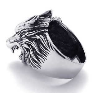 Anillo de motociclista con cabeza de lobo de acero inoxidable plateado para hombre, vendedor estadounidense, anillos finos, tamaño 7-15 SR57 - Product Image 1