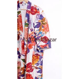 Robe de chambre vintage de luxe pour femmes, en coton 100%, tissée à la main, à fleurs, col en V, cordon de serrage, trois quarts de longueur, douce, respirante, séchage rapide - Product Image 5