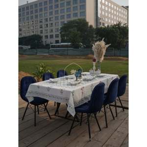Jannat respetuoso con el medio ambiente Handblock estampado de lona de algodón mantel ajustado azul/gris 6/8 plazas para hoteles sala de estar comedor - Product Image 5