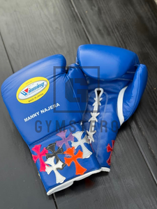 Gants de boxe bleus lacés GYMSTERO, doigts entiers, sangle de poignet réglable, poignées respirantes, cuir de vachette épais - Product Image 4