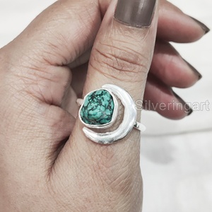 Joyería de piedra en bruto Anillo de mujer Turquesa natural Piedra preciosa cruda Diciembre Piedra natal Anillo de luna creciente Anillo de plata esterlina 925 - Product Image 4