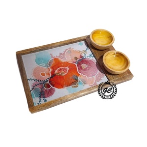 Modern Design for Mango Wood <b>Chip</b> & Dip Platter Enamel Finish Stylish Wooden Sauce Bowl Serving <b>Tray</b> for Snacks Parties - Product Image 1
