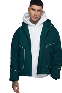 <b>Men's</b> Black Hooded <b>Puffer</b> <b>Jacket</b> With <b>White</b> Stitching Windproof Polyester Fleece Lining Winter Casual Outerwear - Product Image 2