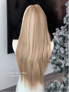 Peluca Larga y Lisa de Fibra Sintética, Color Marrón Té con Leche y Rubio Platino Ombre, con Raya Lateral, para Mujer - Product Image 4
