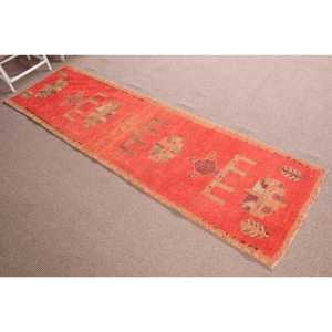 Vintage Herki <b>Runner</b> Rug 2.6x9.5 ft (80x290 cm), Turkish <b>Red</b> Abstract Rug - Product Image 3