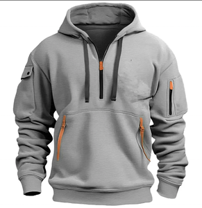 Sudadera con capucha gruesa y pesada de calidad con media cremallera en blanco para hombre, sudadera con logotipo personalizado de peso pesado de gran tamaño con múltiples bolsillos y cremalleras, sudaderas con capucha a la moda - Product Image 2