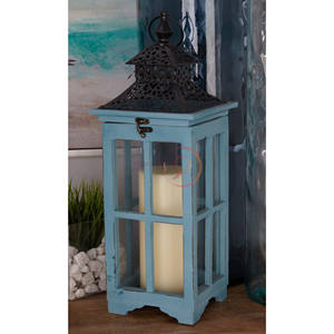 ส่องสว่างบ้านของคุณด้วยโคมไฟตกแต่งที่หรูหรานี้ที่มีตัวถังไม้สีฟ้าอ่อนและแผงกระจกที่สลับซับซ้อน - Product Image 2