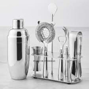 Top Quality Stainless Steel Silver Shiny Polished <b>Cocktail</b> Shaker Bottle Opener Tong And Other Bar Items <b>Set</b> With Wooden Stand - Product Image 3