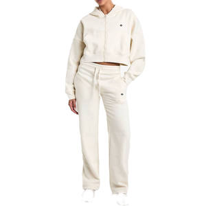 Women Cropped Zip <b>Hoodie</b> and Straight Leg Sweatpants Set Cotton <b>Fleece</b> Lounge Tracksuit for Private Label Brands - Product Image 1